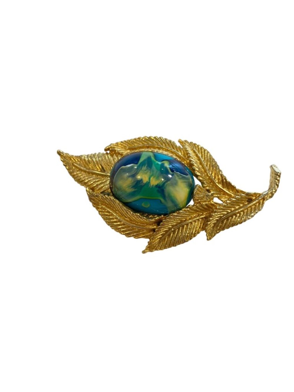 Gold-Tone Leaf Brooch With Blue & Green Swirl Cabochon 2.5 Inches Artist fermini - Picture 2 of 16